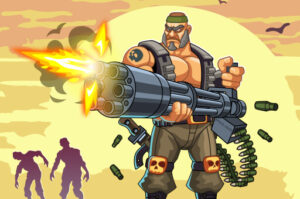 Action-packed shooter game featuring a Rambo-like character